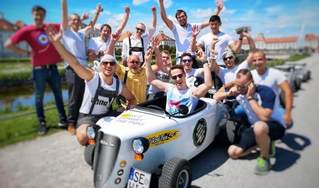 Bachelor party group with hot rods